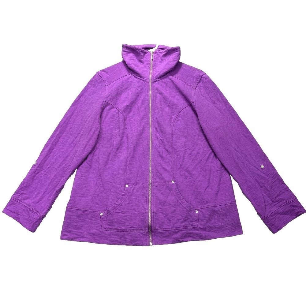 Lizwear Jacket Womens 2XL Purple Full Zip Pockets Mock Neck Roll Tab‎ Sleeves